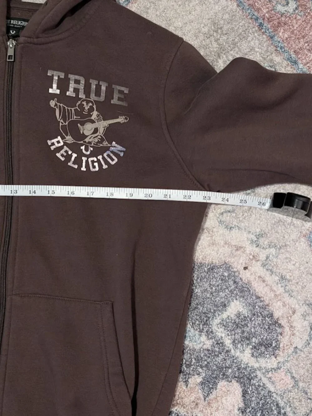 True Religion Men Brown Full Zip Hoodie Graphic Buddha Guitar Size M Oversize